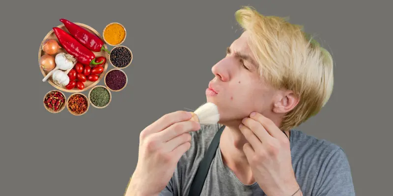 A Man Is Wiping Out The Sweat On The Face With Acne And A Different Spicies Are Placed Nearby A man is wiping out the sweat on the face with acne and a different spicies are placed nearby.