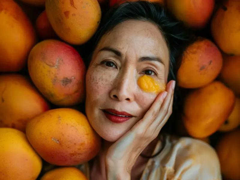 A Woman With Wrinkles On Her Face Having Placed Mangoes All Around Her Face A woman with wrinkles on her face having placed mangoes all around her face