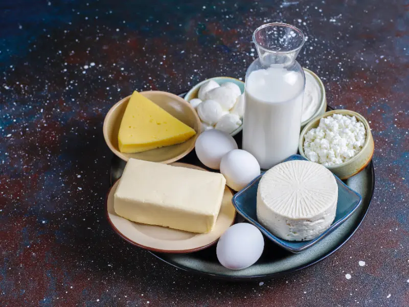 Dairy products including eggs, cheese, milk, yogurt and bread