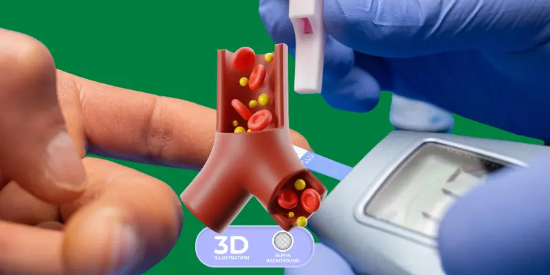 Person Having Daibetes Checking His Bloog Glucose Level By Glucometer And Blood Vessel Section Person having daibetes checking his bloog glucose level by glucometer and blood vessel section