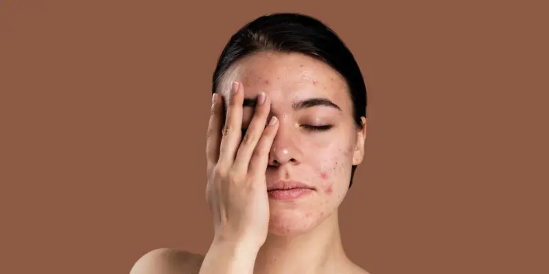 Young White Girl With Acne Face Hiding Her One Side Of Face With Her Hand In Style Young white girl with acne face hiding her one side of face with her hand in style