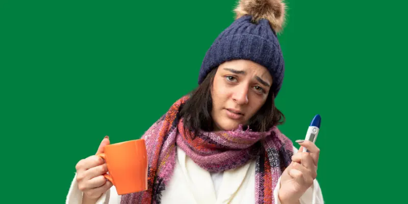 Young White Girl Having A Cup Of Tea In Her Hand And A Thermometer And Feeling Chill And Cold Young white girl having a cup of tea in her hand and a thermometer and feeling chill and cold